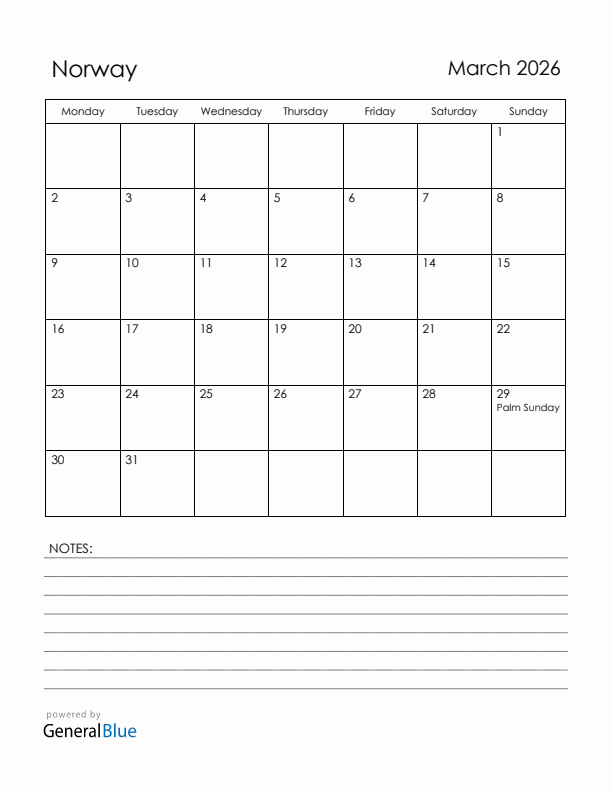 March 2026 Norway Calendar with Holidays (Monday Start)