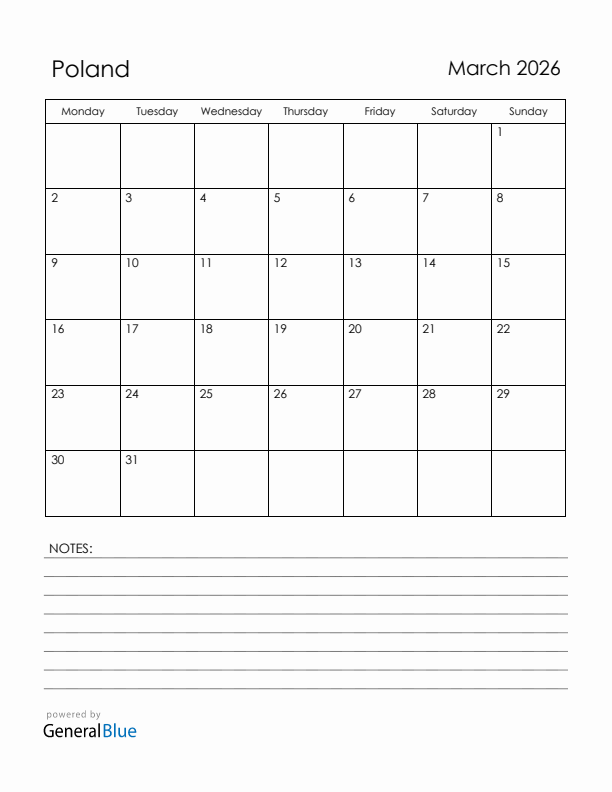 March 2026 Poland Calendar with Holidays (Monday Start)