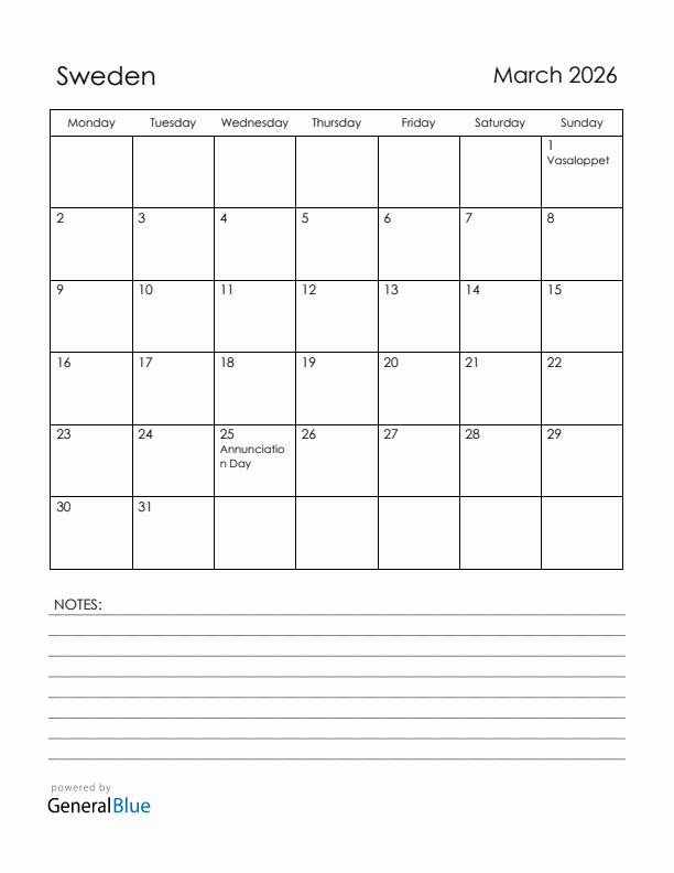 March 2026 Sweden Calendar with Holidays (Monday Start)