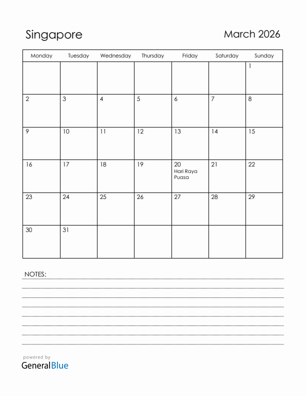 March 2026 Singapore Calendar with Holidays (Monday Start)