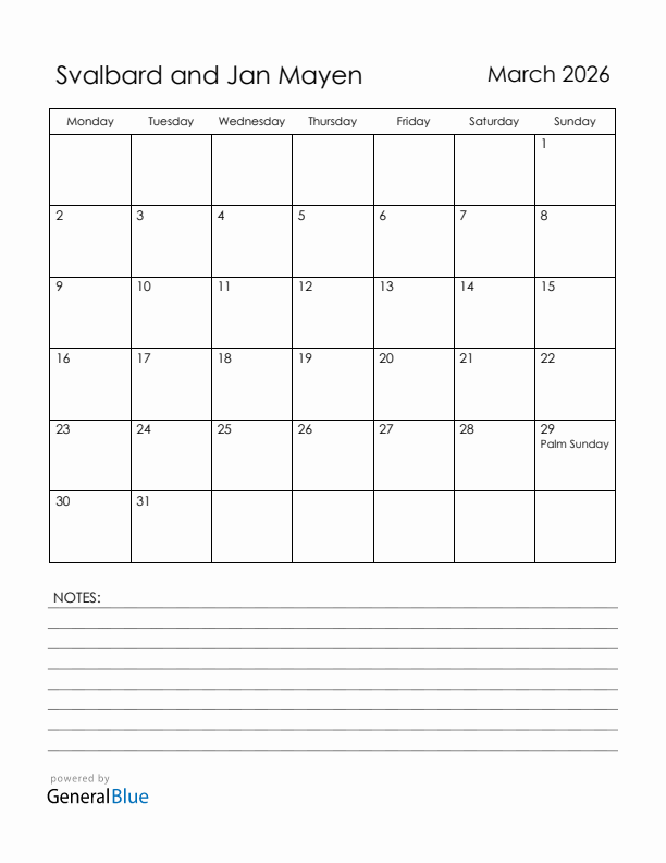 March 2026 Svalbard and Jan Mayen Calendar with Holidays (Monday Start)