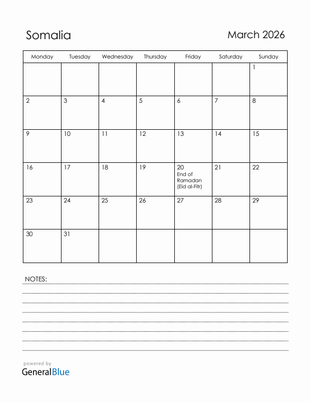 March 2026 Somalia Calendar with Holidays (Monday Start)