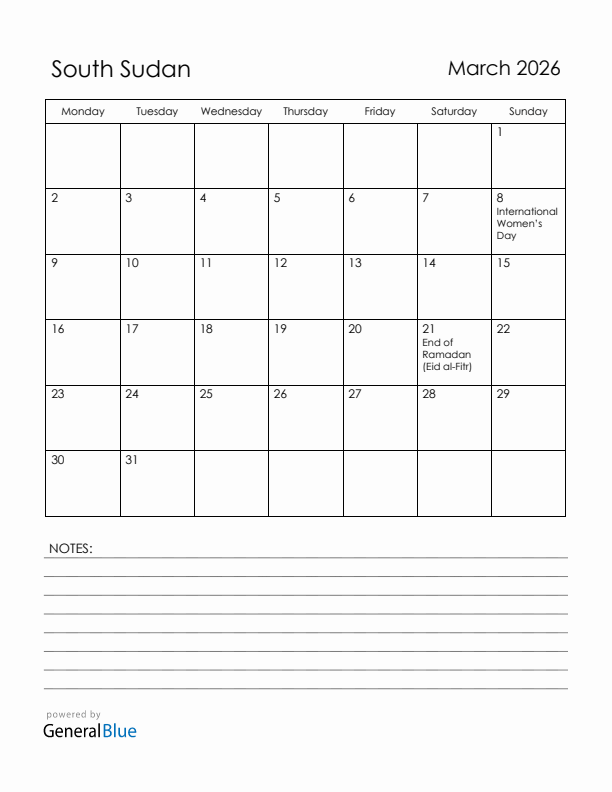 March 2026 South Sudan Calendar with Holidays (Monday Start)