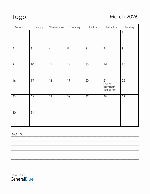 March 2026 Togo Calendar with Holidays (Monday Start)