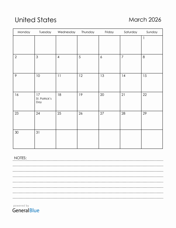 March 2026 United States Calendar with Holidays (Monday Start)