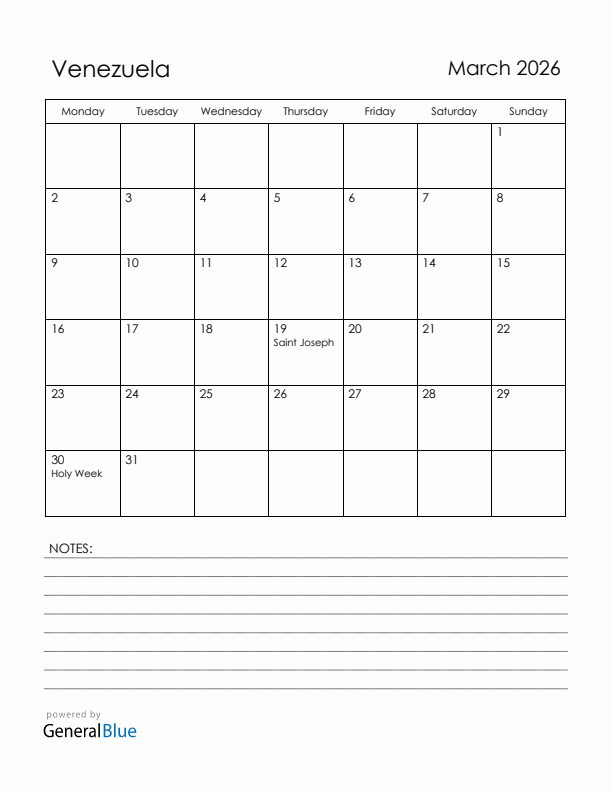 March 2026 Venezuela Calendar with Holidays (Monday Start)