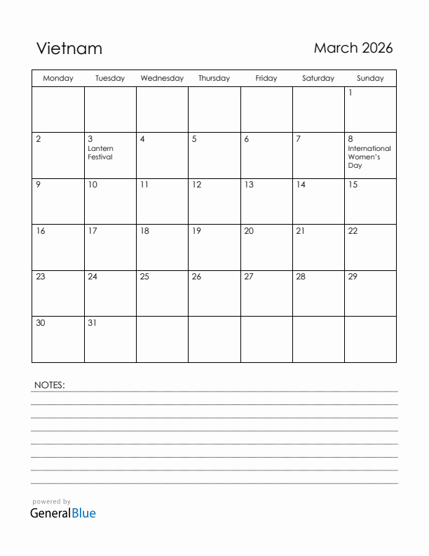 March 2026 Vietnam Calendar with Holidays (Monday Start)