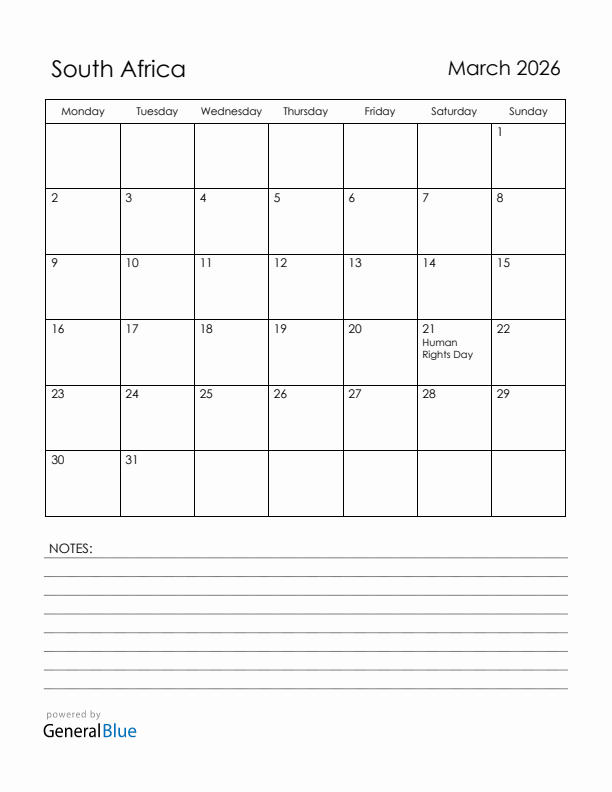March 2026 South Africa Calendar with Holidays (Monday Start)