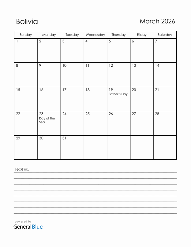 March 2026 Bolivia Calendar with Holidays (Sunday Start)