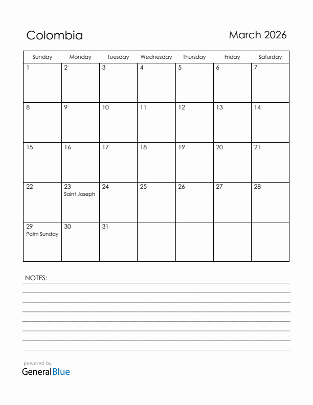 March 2026 Colombia Calendar with Holidays (Sunday Start)