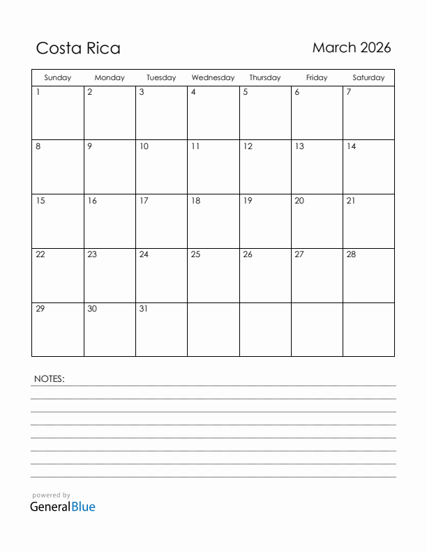 March 2026 Costa Rica Calendar with Holidays (Sunday Start)