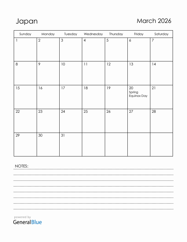 March 2026 Japan Calendar with Holidays (Sunday Start)