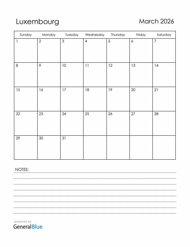 March 2026 Luxembourg Calendar with Holidays (Sunday Start)