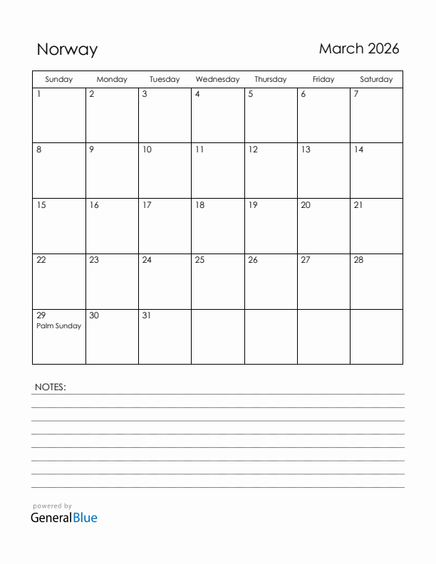 March 2026 Norway Calendar with Holidays (Sunday Start)
