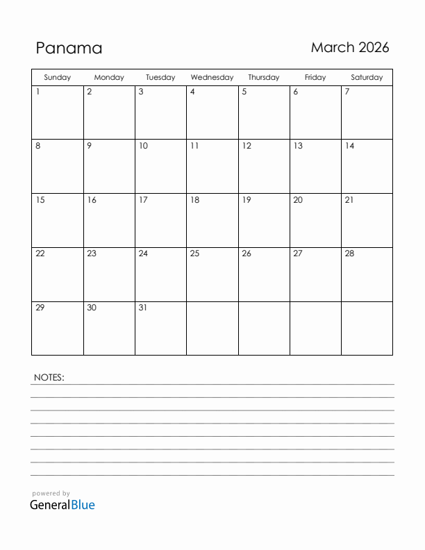 March 2026 Panama Calendar with Holidays (Sunday Start)