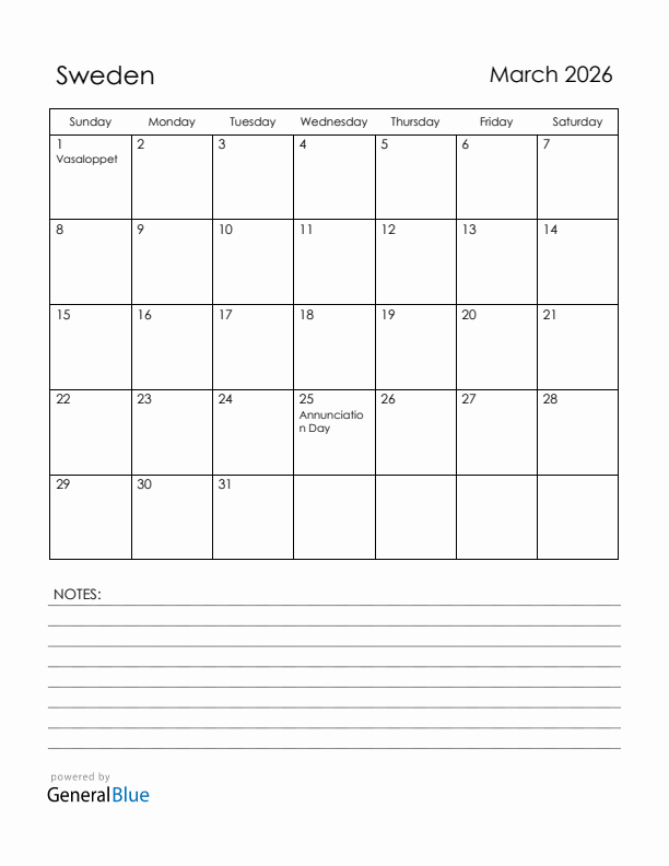 March 2026 Sweden Calendar with Holidays (Sunday Start)