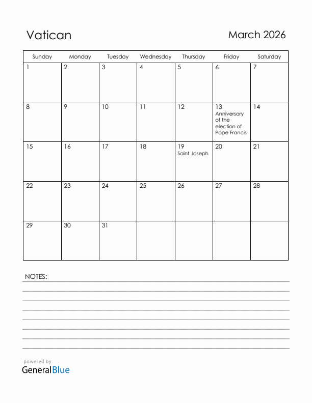 March 2026 Vatican Calendar with Holidays (Sunday Start)