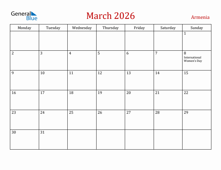 Armenia March 2026 Calendar - Monday Start