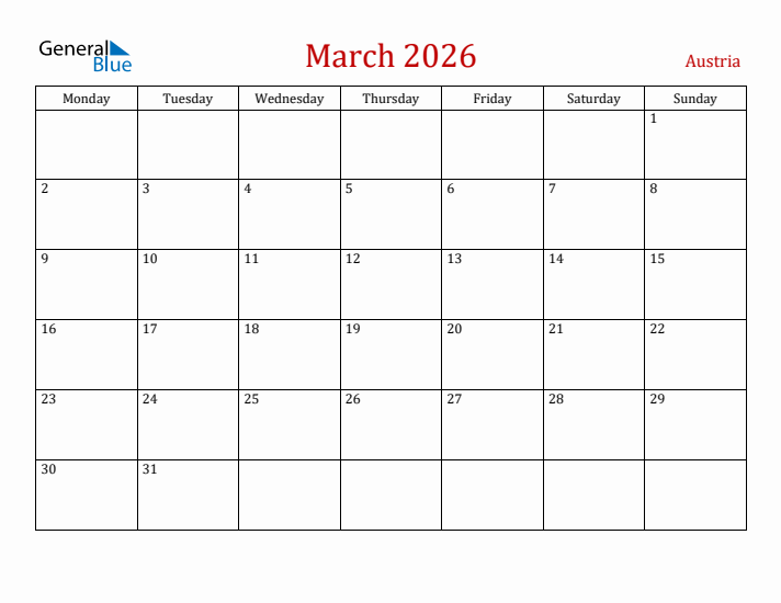 Austria March 2026 Calendar - Monday Start