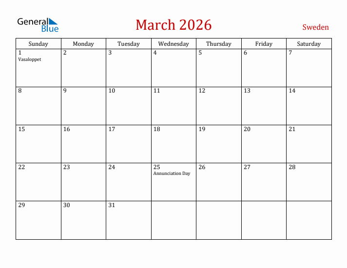 Sweden March 2026 Calendar - Sunday Start