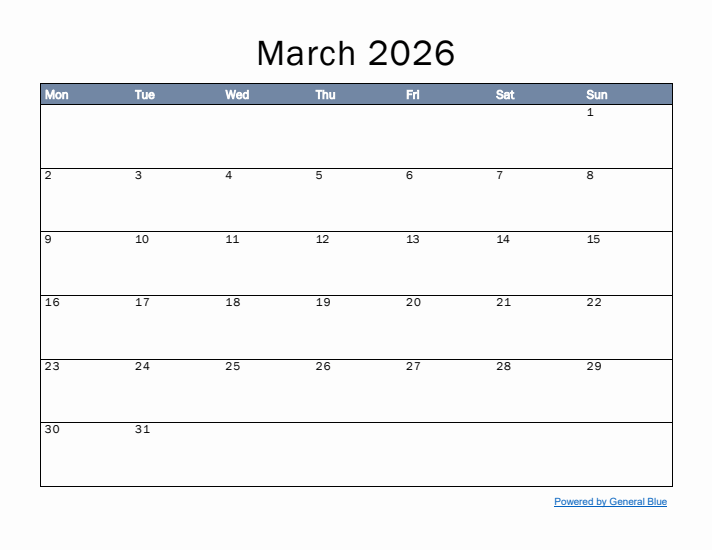 March 2026 Simple Month Calendar Template