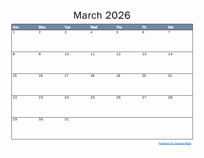 March 2026 Simple Month Calendar Template