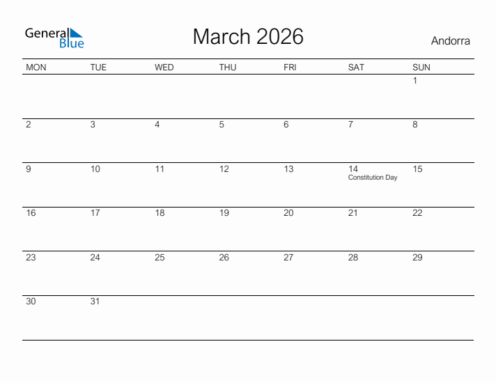 Printable March 2026 Calendar for Andorra