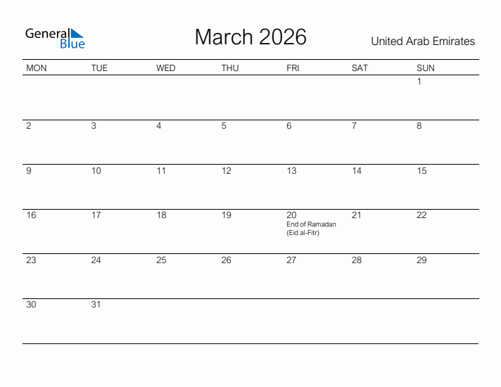 Printable March 2026 Calendar for United Arab Emirates