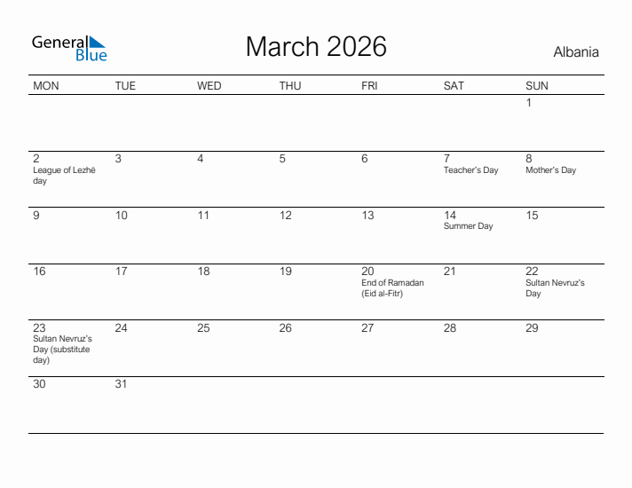 Printable March 2026 Calendar for Albania