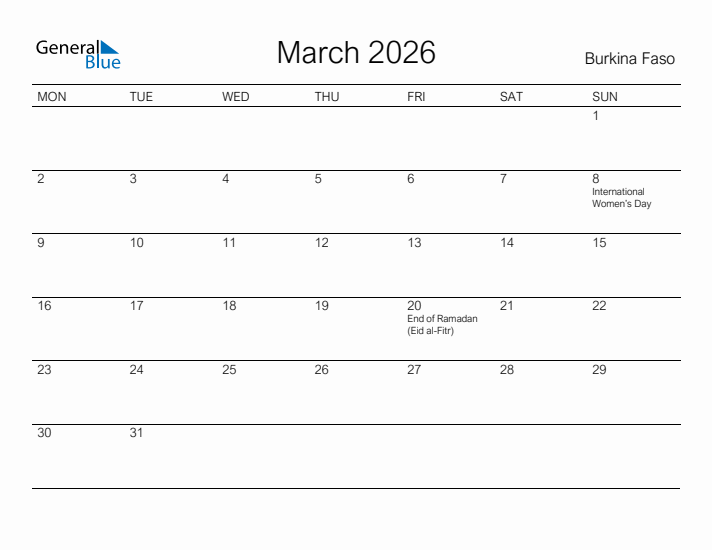 Printable March 2026 Calendar for Burkina Faso