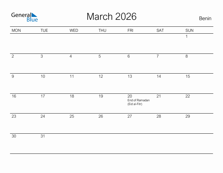 Printable March 2026 Calendar for Benin