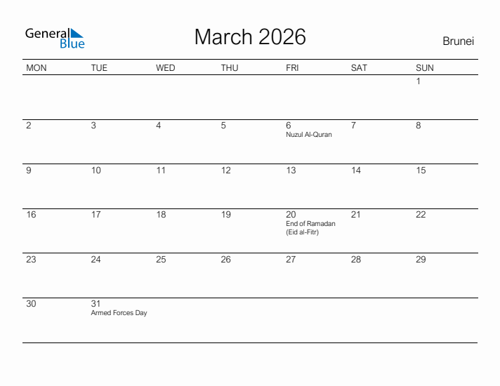 Printable March 2026 Calendar for Brunei