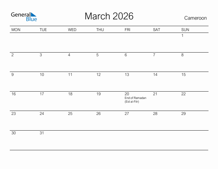 Printable March 2026 Calendar for Cameroon