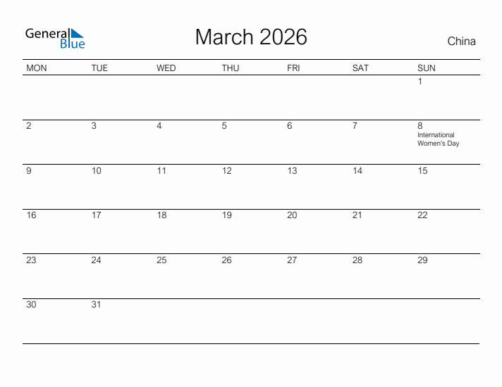 Printable March 2026 Calendar for China