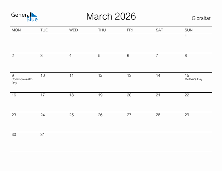 Printable March 2026 Calendar for Gibraltar