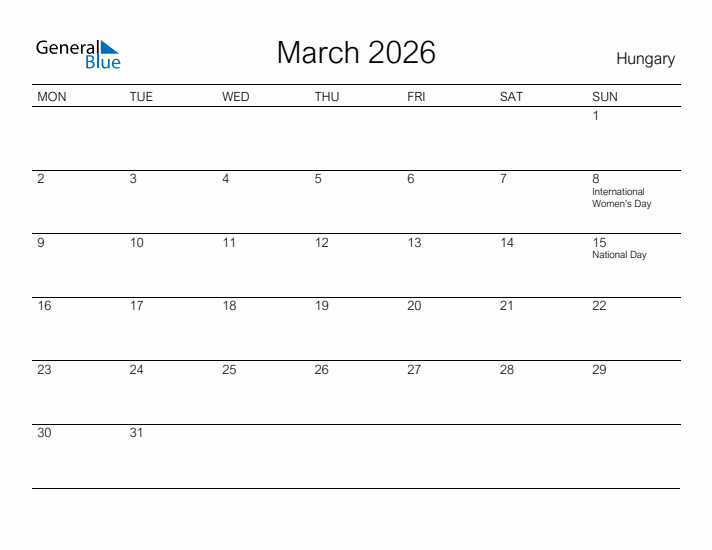 Printable March 2026 Calendar for Hungary