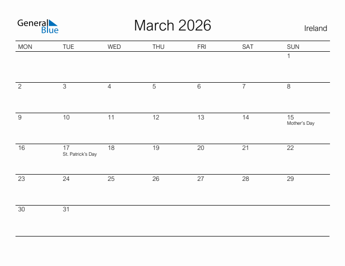 Printable March 2026 Calendar for Ireland