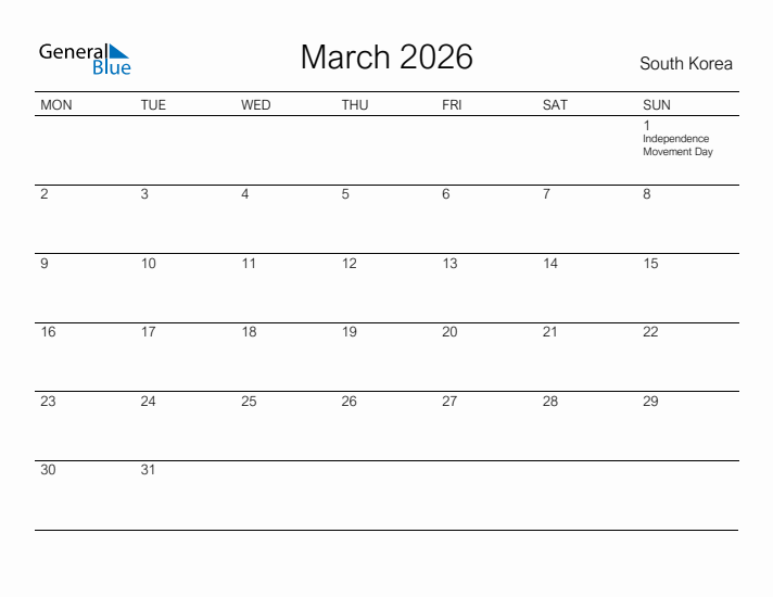 Printable March 2026 Calendar for South Korea