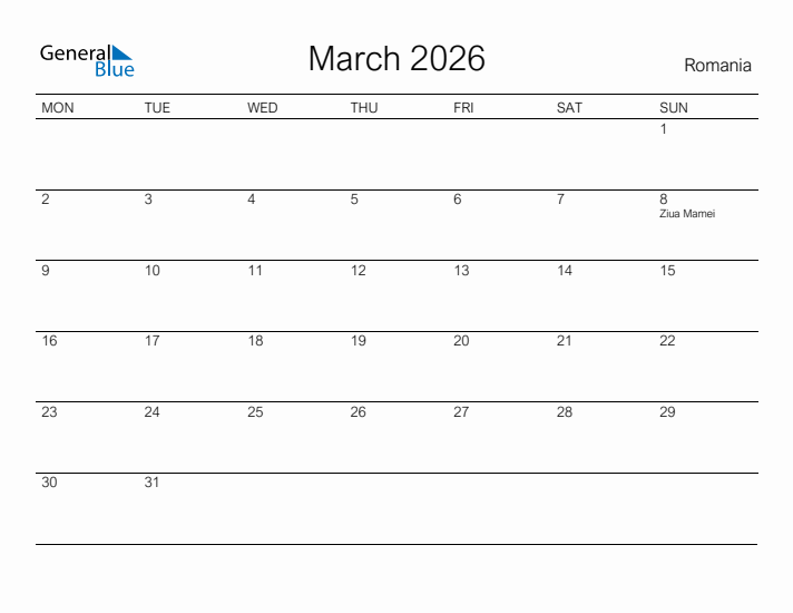 Printable March 2026 Calendar for Romania