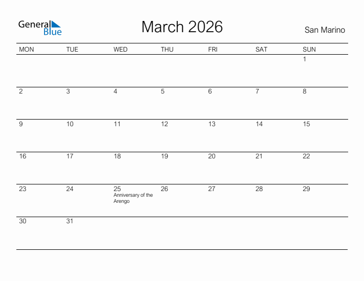 Printable March 2026 Calendar for San Marino