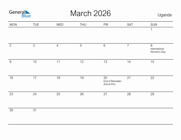 Printable March 2026 Calendar for Uganda