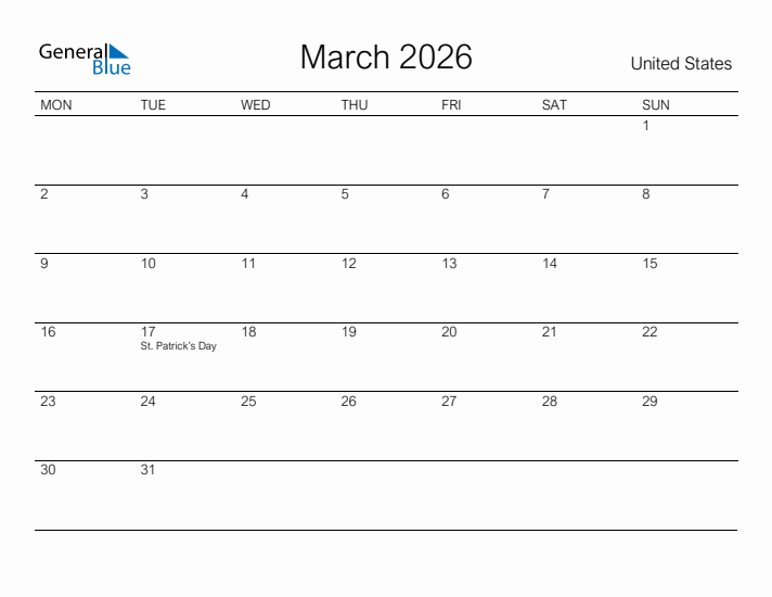 Printable March 2026 Calendar for United States