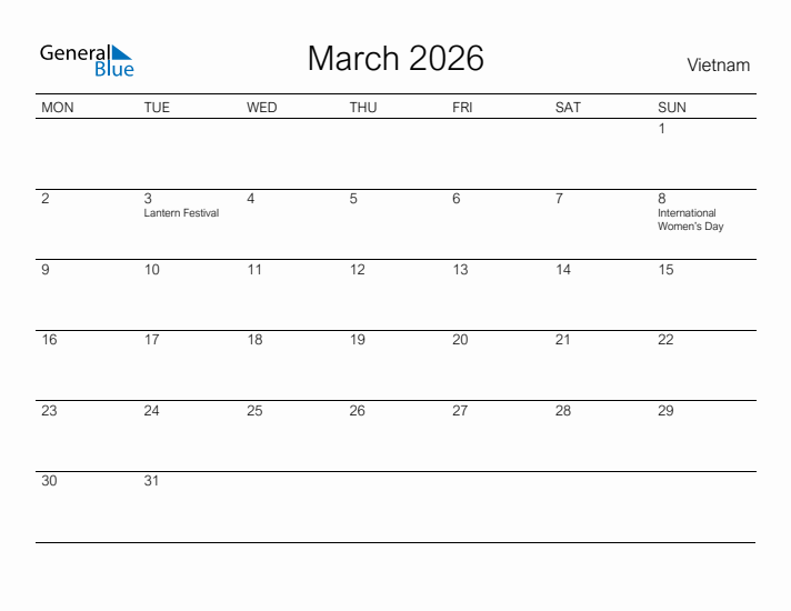 Printable March 2026 Calendar for Vietnam