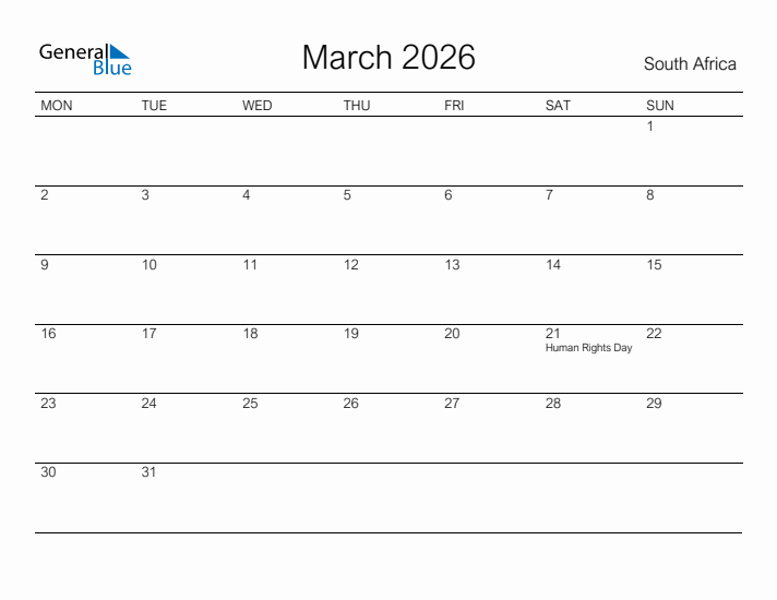 Printable March 2026 Calendar for South Africa