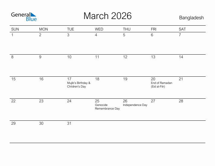 Printable March 2026 Calendar for Bangladesh