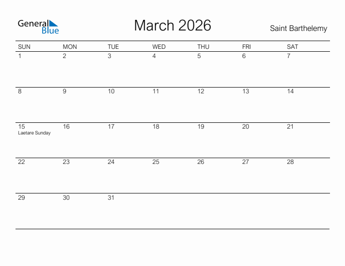 Printable March 2026 Calendar for Saint Barthelemy