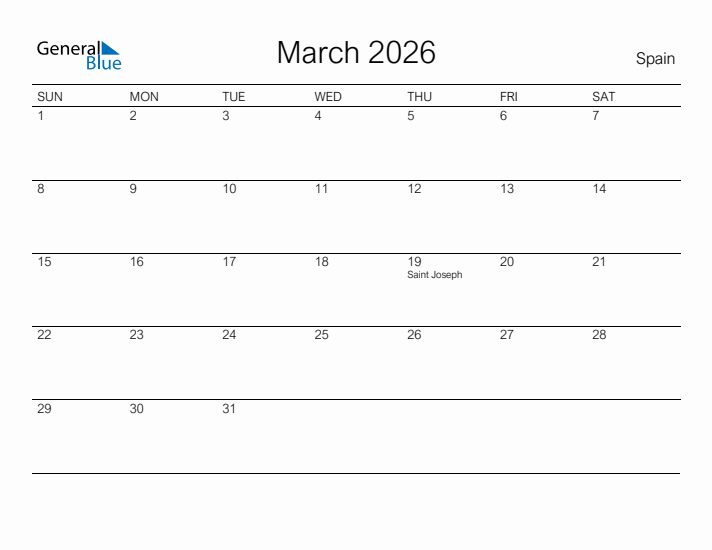 Printable March 2026 Calendar for Spain