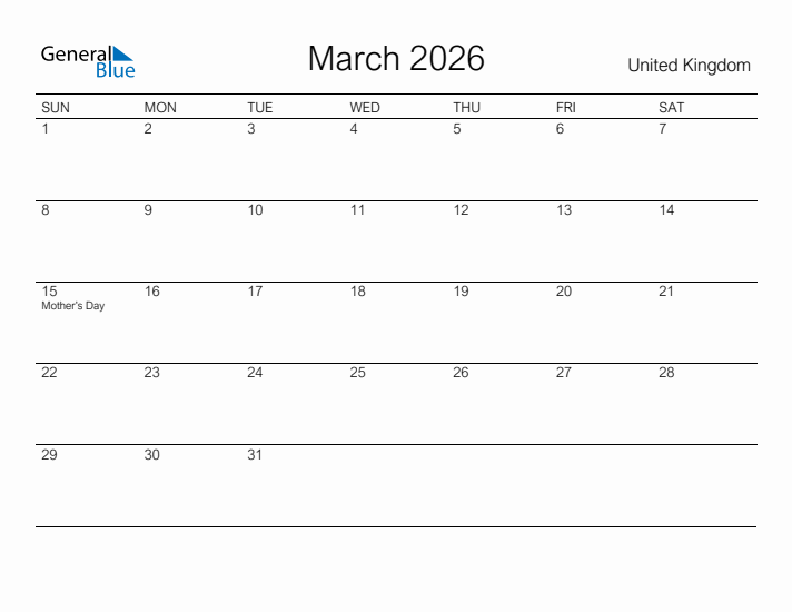 Printable March 2026 Calendar for United Kingdom