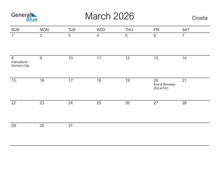 Printable March 2026 Calendar for Croatia