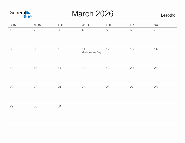 Printable March 2026 Calendar for Lesotho